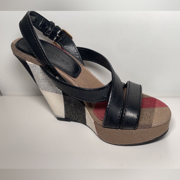 Burberry Brit Canvas 37.5 Check Warlow 125 Wedge Sandals - Picture 2 of 3